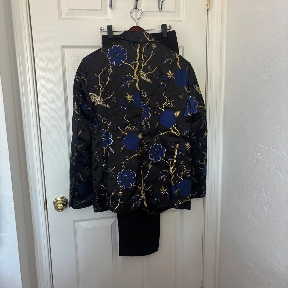 Cloudstyle Mens 2 Piece Floral Dress Suit Blue Gold Tuxedo Jacket Pants Medium